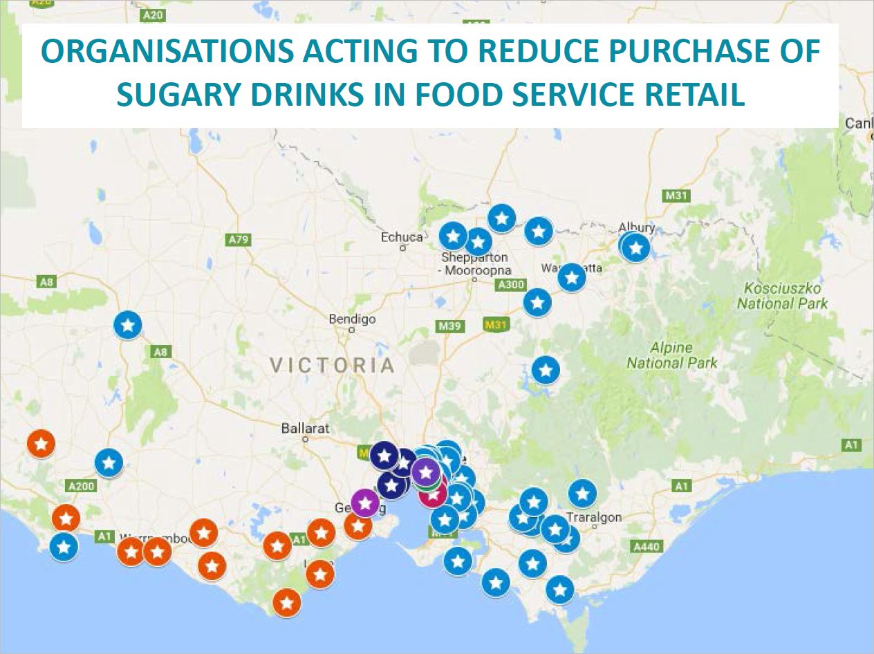 Map of Victoria indicating locations of organisations acting to reduce purchase of sugary drinks in food service retail
