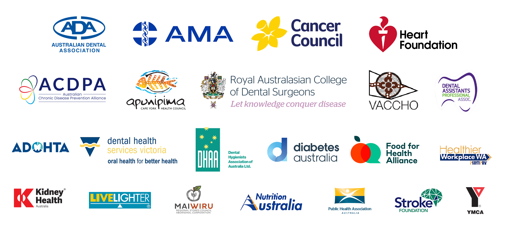 Rethink Sugary Drink partner organisations (Apunipuma, ADOHTA, Australian Dental Association, Cancer Council, Dental Health Services Victoria, Dental Hygenists Association of Australia, Diabetes Australia, Healthier Workplace WA, Heart Foundation, Kidney Health Australia, LiveLighter, Obesity Policy Coalition, Parents Voice, PHAA, VACCHO, YMCA), Royal Australasian College of Dental Surgeons