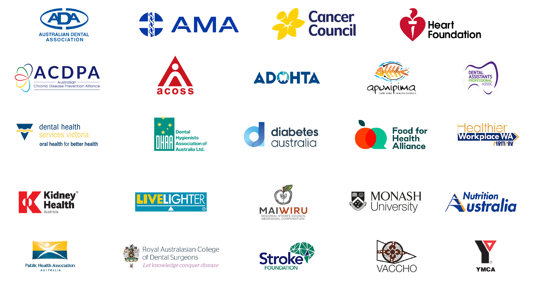 Rethink Sugary Drink partner organisations (Apunipima, ADOHTA, Australian Dental Association, Australian Medical Association, Cancer Council, Dental Health Services Victoria, Dental Hygenists Association of Australia, Diabetes Australia, Healthier Workplace WA, Heart Foundation, Kidney Health Australia, LiveLighter, Obesity Policy Coalition, Parents Voice, PHAA, VACCHO, YMCA), Royal Australasian College of Dental Surgeons