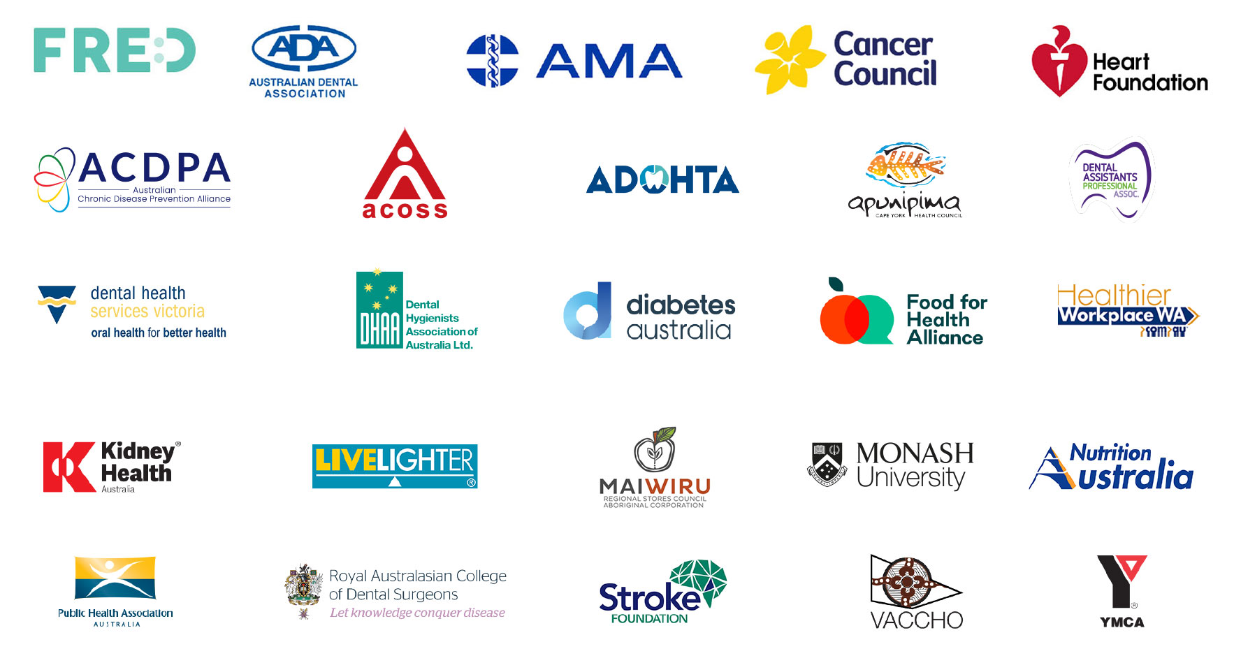 Rethink Sugary Drink partner organisation logos: ADA, AMA, Cancer Council, Heart Foundation, ACDPA, Apunipima, Royal Aust College of Dental Surgeons, VACCHO, Dental Assistants Professionals, ADOHTA, Dental Health Services Vic, Dental Hygienists Association of Australia, Diabetes Australia, Food for Health Alliance, Healthier Workplace WA, Kidney Health Australia, LiveLighter, Mai Wiru, Nutrition Australia, PHAA, Stroke Foundation, YMCA