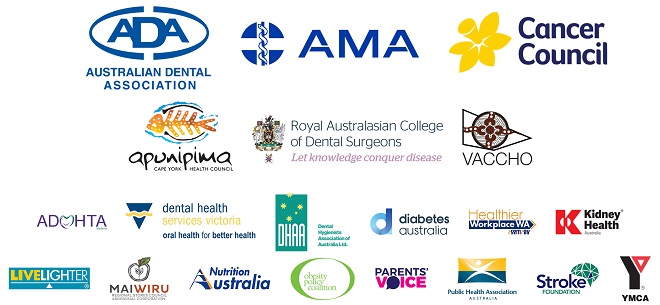 Rethink Sugary Drink partner organisations (Apunipuma, ADOHTA, Australian Dental Association, Cancer Council, Dental Health Services Victoria, Dental Hygenists Association of Australia, Diabetes Australia, Healthier Workplace WA, Heart Foundation, Kidney Health Australia, LiveLighter, Obesity Policy Coalition, Parents Voice, PHAA, VACCHO, YMCA), Royal Australasian College of Dental Surgeons